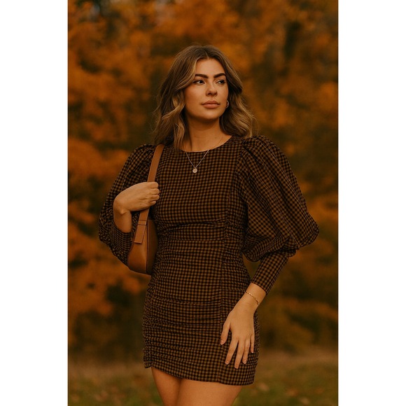 Zara yellow mustard brown gingham puff sleeves ruched mini dress medium blogger - Picture 1 of 8